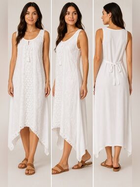 White Boho Maxi Dress Womens Medium Embroidered Handkerchief Hem Vacation NWT